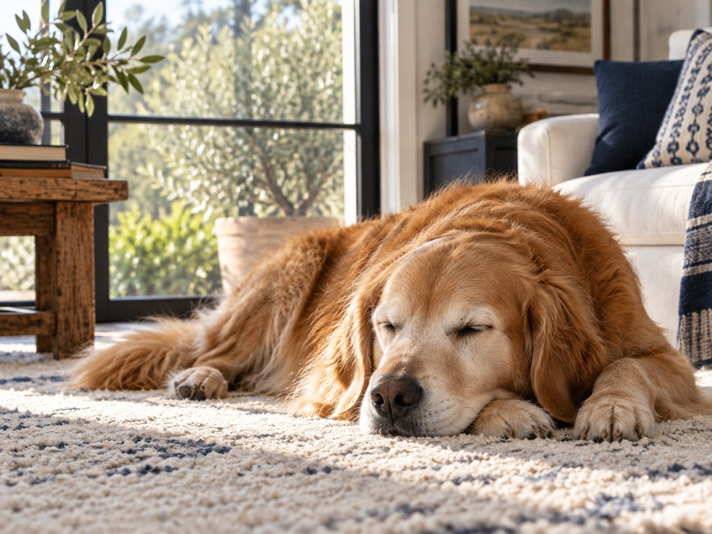 A golden retriever resting peacefully in a sunlit room